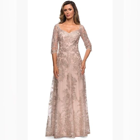 La Femme 28053 Lace V-Neck A-Line Formal Gown in Champagne Size 14 $578 - Picture 2 of 4